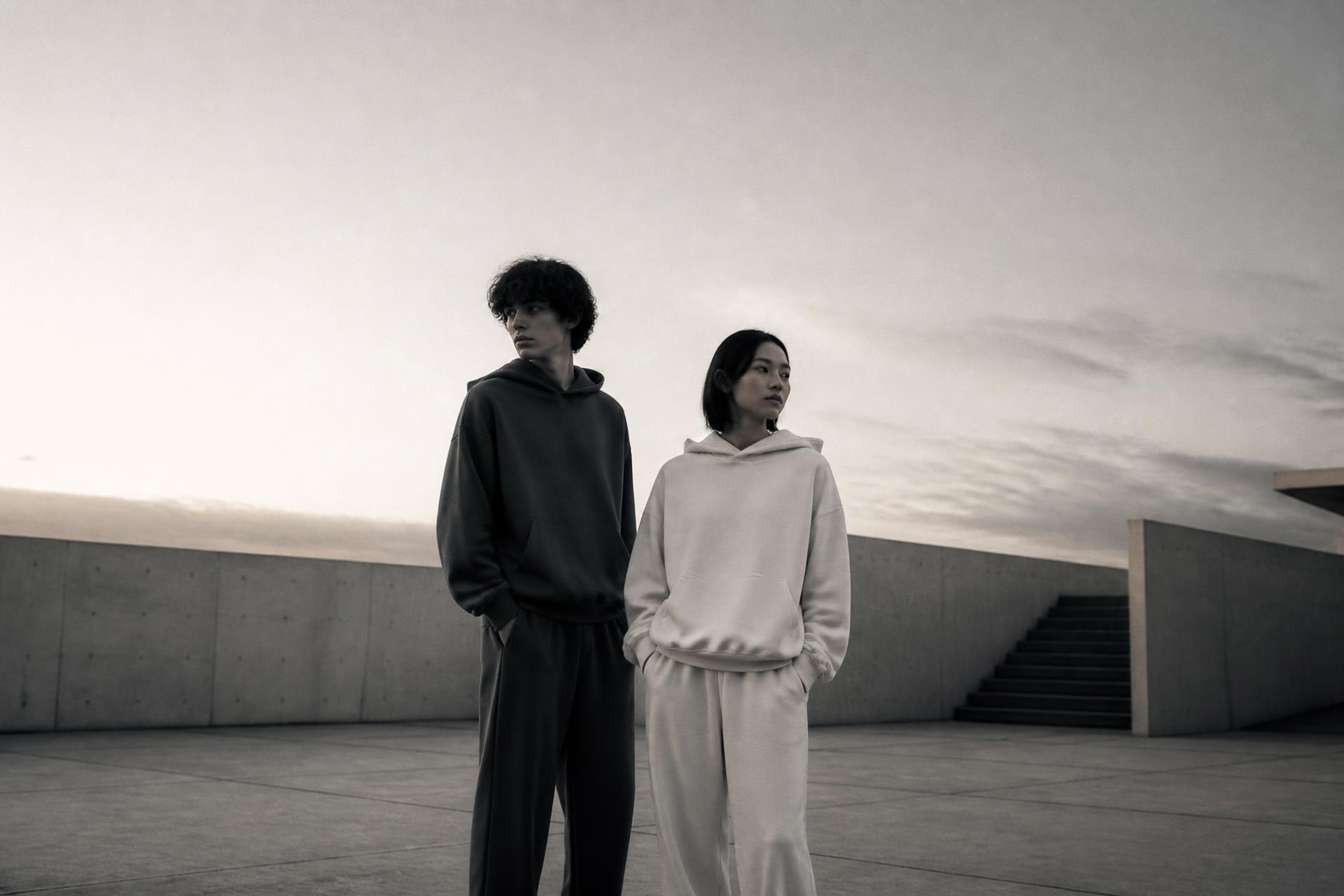 Two people in heavyweight essentials standing in an open concrete plaza at dawn